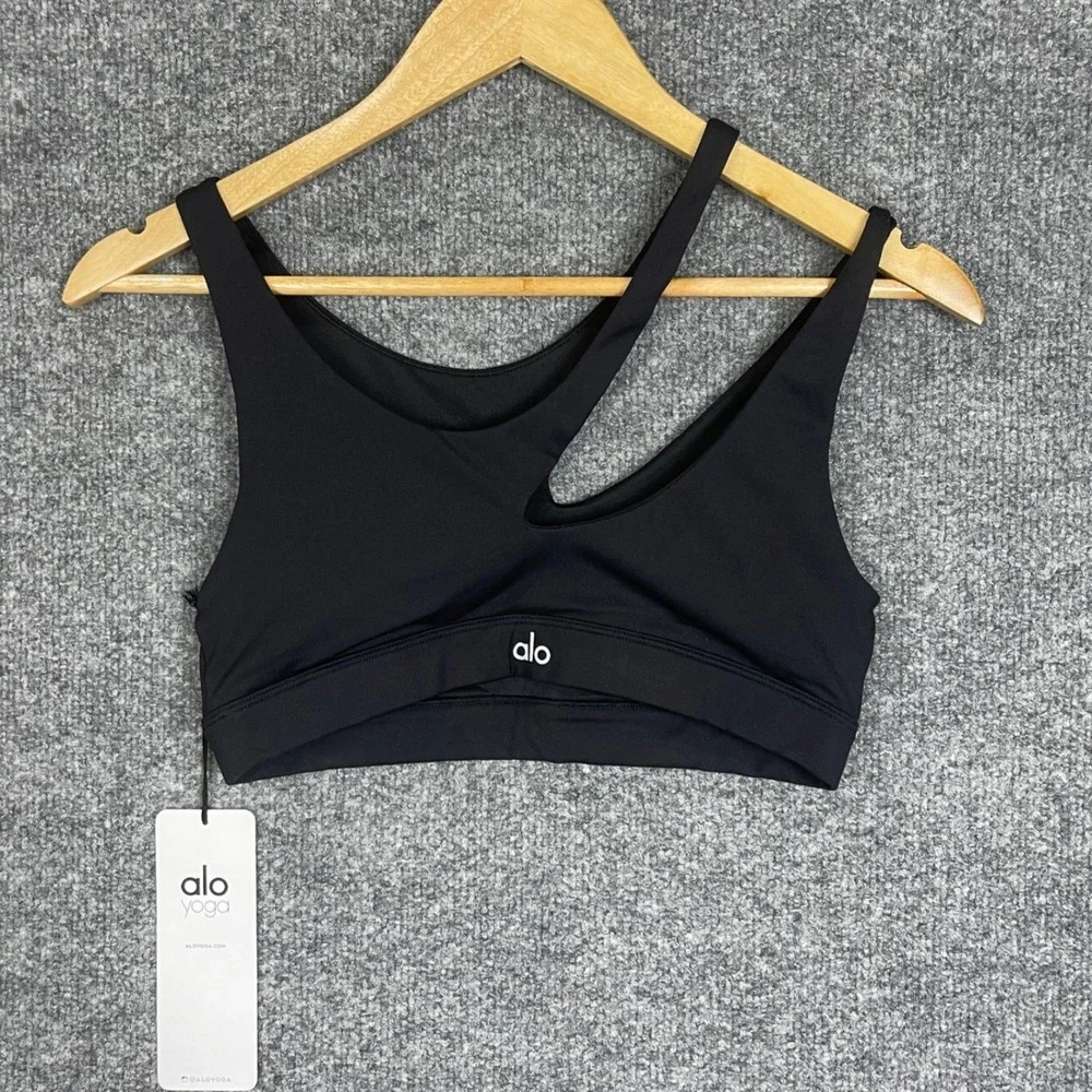 NEW Alo Yoga Peak Bra Womens Size S Black New Slash Out Cutout Crop Top
